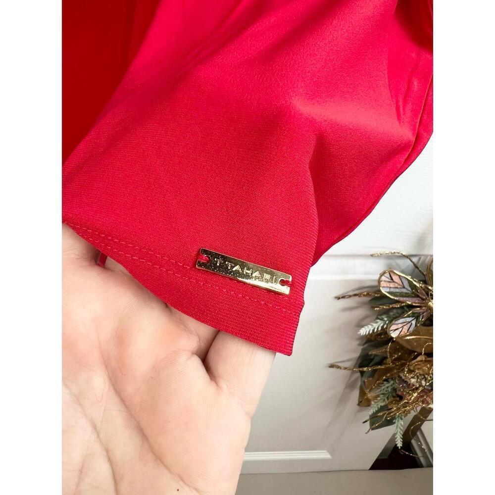 T TAHARI Blouse Size M Red Draped V Neck Short Sleeve Jersey Knit Faux Wrap Top - Picture 6 of 10